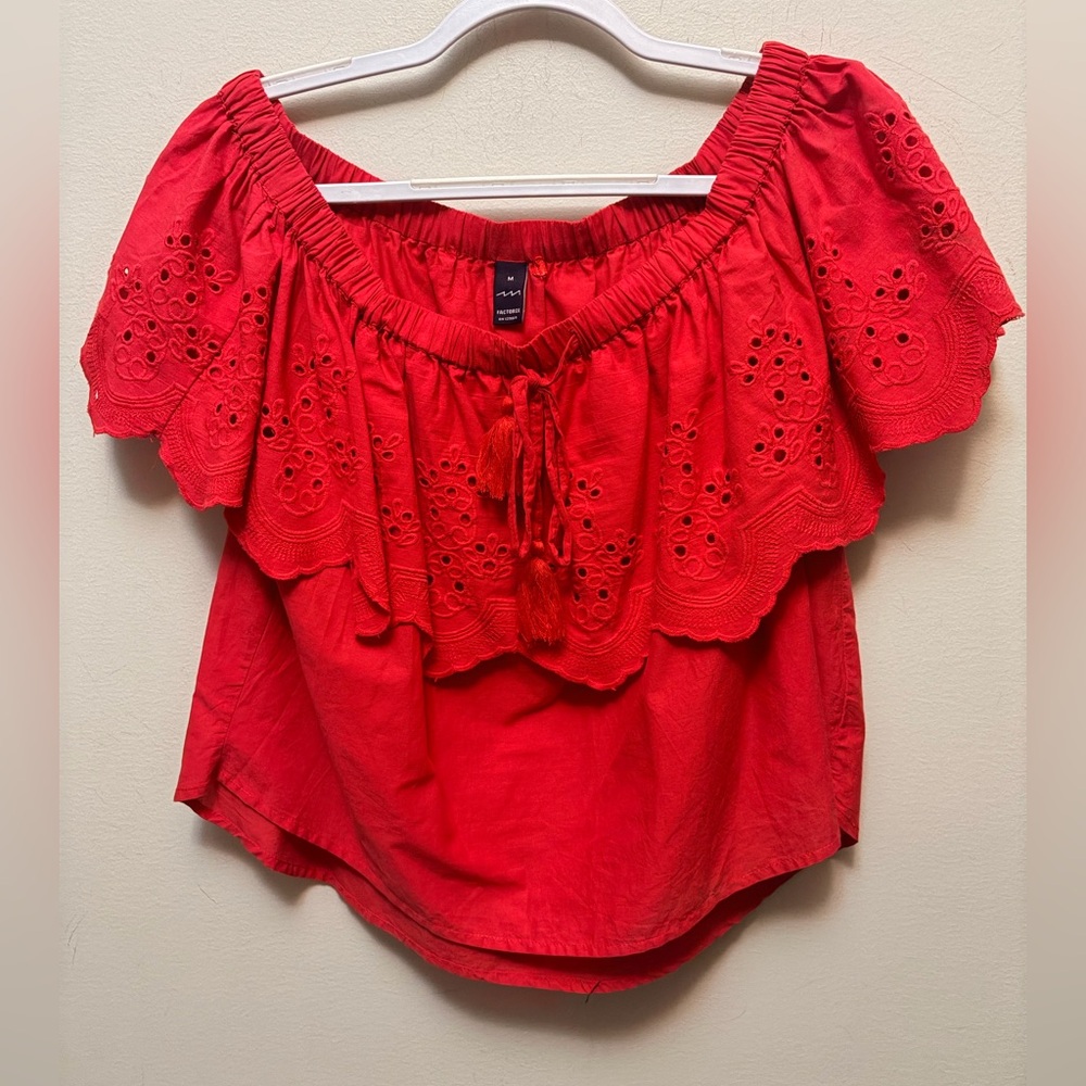 FACTORIE Cotton Red Off-Shoulder Crop Top
